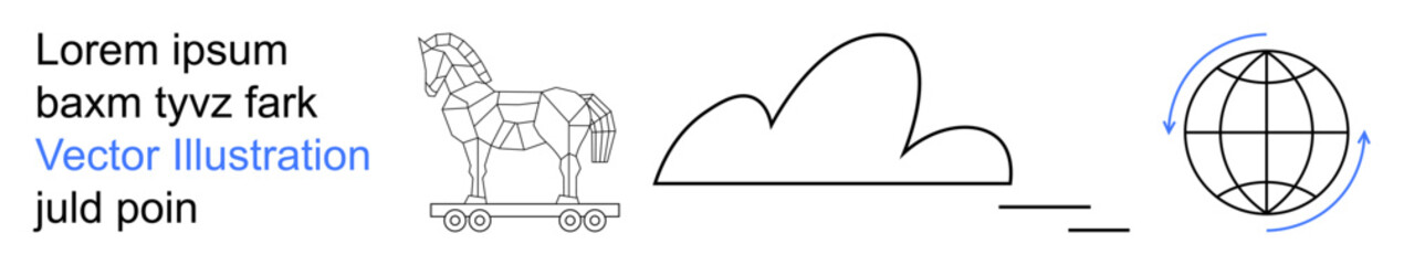 Cybersecurity, online threats, cloud computing, global networks, data protection, internet safety. Minimalist Trojan horse, cloud shape and globe icon. Cybersecurity and online threats concept © robu_s