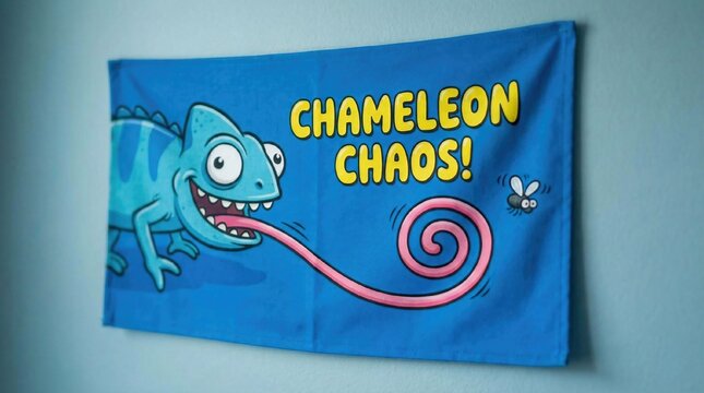Banner with funny blue chameleon with extended pink tongue while hunting