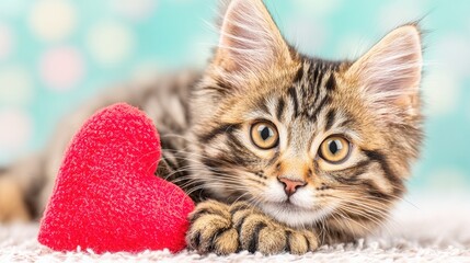 Valentine&rsquo;s Day with pet Concept. Adorable kitten with a red heart on a soft surface.