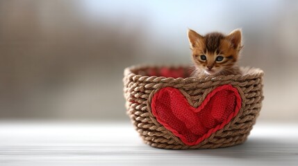 Valentine&rsquo;s Day with pet Concept. A kitten peeks out from a heart-decorated woven basket.