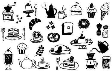 Hand-drawn cafe menu and sweets monochrome illustration set