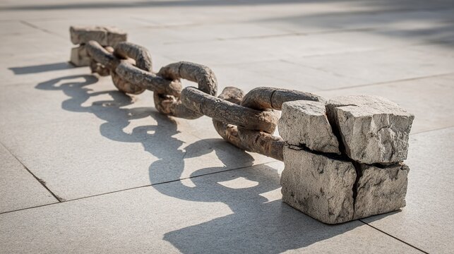 tennessine. Broken chain sculpture in a public square during morning light, symbolizing freedom. event programs, museum guides, designed for cultural heritage projects and event programs.