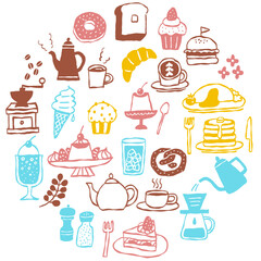 Pop color hand-drawn cafe menu and sweets illustration set