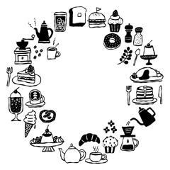 Hand-drawn cafe menu and sweets monochrome illustration set