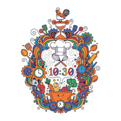 chef pointing at watch icon in color for time management concept