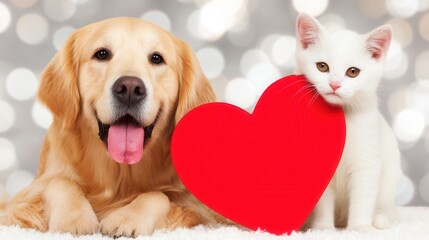 Valentine&rsquo;s Day with pet Concept. Adorable dog and cat with a heart symbolizing love and companionship.
