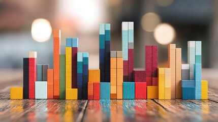 Abstract Cityscape Created From Colorful Rectangular Blocks on a Wooden Surface with Bokeh Background