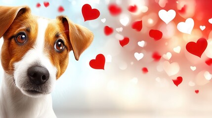 Valentine&rsquo;s Day with pet Concept. Adorable dog with floating hearts in a colorful background.