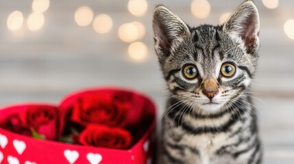 Valentine&rsquo;s Day with pet Concept. Cute gray kitten beside a heart-shaped box of roses.