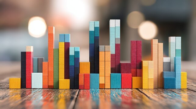 Abstract Cityscape Created From Colorful Rectangular Blocks on a Wooden Surface with Bokeh Background - Powered by Adobe