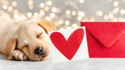 Valentine&rsquo;s Day with pet Concept. Sleeping puppy beside a heart card and a red envelope.