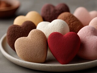 Heart-shaped desserts in various colors and textures arranged on a neutral plate, perfect for Valentine's Day celebrations and romantic occasions with loved ones