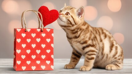 Valentine&rsquo;s Day with pet Concept. Cute cat with heart-shaped gift bag in a playful scene.