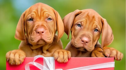 Valentine&rsquo;s Day with pet Concept. Two adorable puppies peeking over a gift box with a bow.