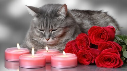 Valentine&rsquo;s Day with pet Concept. Soft gray cat resting beside pink candles and red roses.