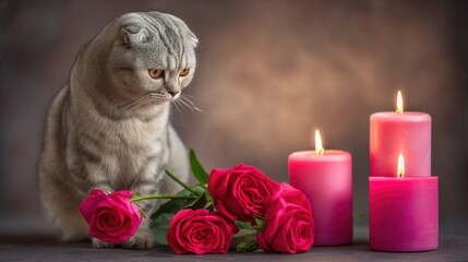Valentine&rsquo;s Day with pet Concept. A cat surrounded by pink roses and candles in a soft, romantic setting.