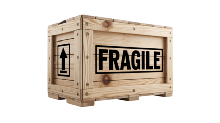 Fragile wooden crate with handle and warning labels on black background