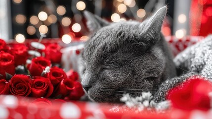 Valentine&rsquo;s Day with pet Concept. Sleeping cat surrounded by red roses and soft bokeh lights.