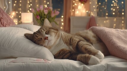 Valentine&rsquo;s Day with pet Concept. A cozy cat sleeping peacefully in a warmly lit bedroom.