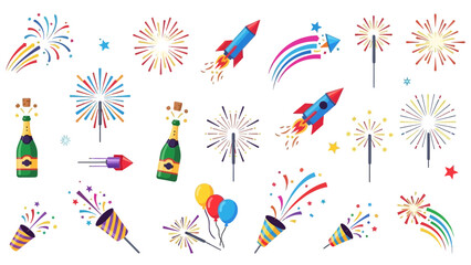 Celebration Fireworks Rockets Sparklers Champagne Bottles and Confetti Poppers.