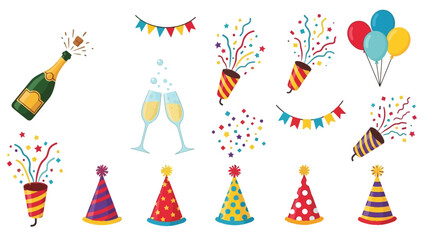 Celebration Party Elements Including Champagne Bottle and Confetti Poppers.