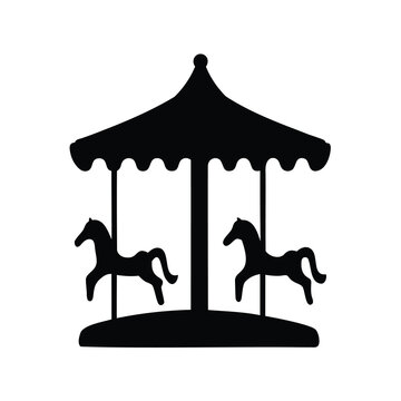 Simple black and white image of a carousel silhouette with horses