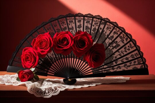 Eleganter schwarzer F&auml;cher und rote Rosen auf Samt