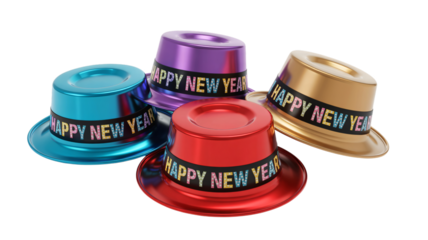 Colorful Happy New Year hats in blue, purple, gold, and red