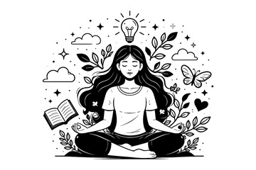 Woman meditating with a lightbulb above her head, surrounded by nature and symbols of knowledge