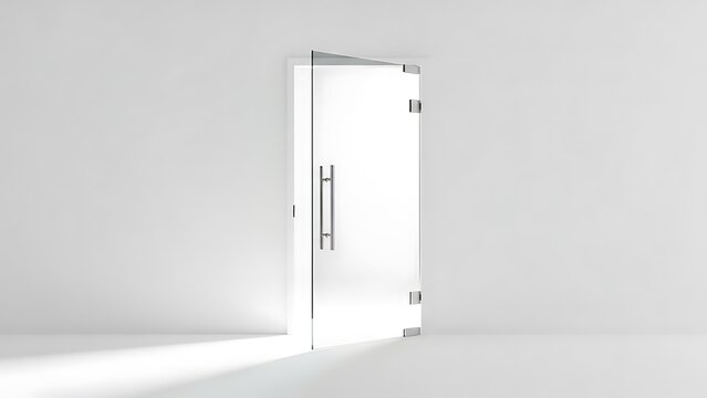Clear Glass Door Ajar in White Room with Bright Light, Symbolizing Opportunity