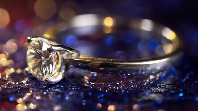 Diamond solitaire ring glints on a glittering, bokeh-lit surface with warm golden glow, sparklinglyx