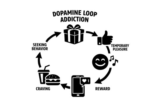 Dopamine loop addiction cycle diagram showing seeking behavior, craving, reward, and temporary pleasure