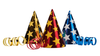 Vibrant party hats and noisemakers for celebrations