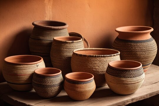 Traditionelle afrikanische T&ouml;pferwaren, handgefertigte T&ouml;pfe aus Ton, in nat&uuml;rlicher Beleuchtung
