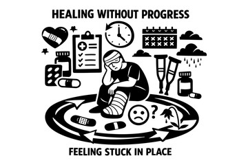 Naklejka premium Injured person stuck in a cycle of healing without progress and feeling stuck