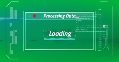 Animation of text processing data and loading, with time bar on blue computer interface - Powered by Adobe