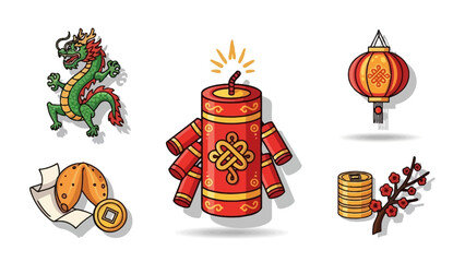 Chinese New Year Celebration Icons Dragon Firecrackers Fortune Cookie.