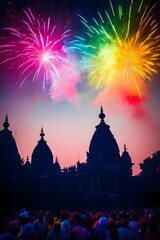 Holi party social media banner and poster with night temple silhouettes, neon fireworks and colorful powder clouds