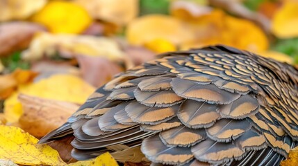 woodcock. Close-up of brown mottled woodcock feather patterns blending into autumn leaves. representing seasonal cycles and harvest abundance.