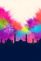 Holi party social media banner and poster with night temple silhouettes, neon fireworks and colorful powder clouds