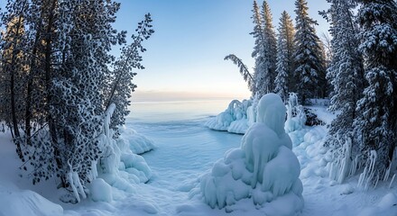 Winter Wonderland Frozen Lake Shoreline with Snow Covered Trees and Ice Formations.