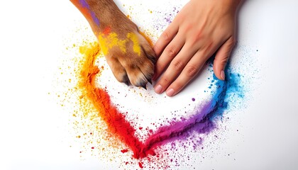 Happy Holi festival background poster with human hand and dog paw in heart-shaped colorful powder on white
