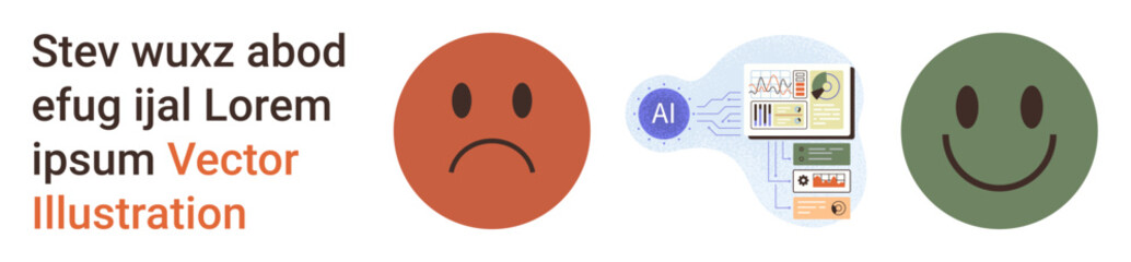 Fototapeta premium Emotional intelligence, mood analysis, AI applications, human emotions, data interpretation, decision-making tools. Sad and happy face linked to AI processing elements. Emotional intelligence