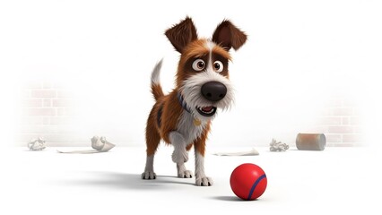 Cute dog cartoon character curiously looks at ball