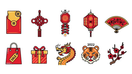 Chinese New Year Celebration Icons Set Festive Traditional Elements.