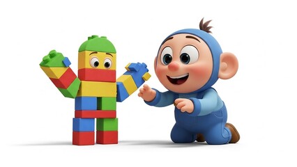 Animated Baby Reaches Cheerfully For Brick Toy Friend