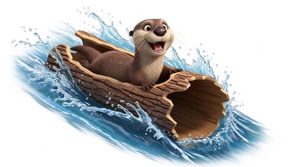 Cartoon Otter slides joyfully down on log in water.
