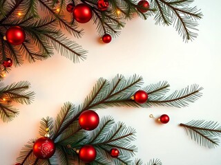 Festive geometric forest unfolds, a minimalist abstract landscape with pine needles and baubles arranged precisely, creating a modern yuletide tableau,  backdrop,  modern