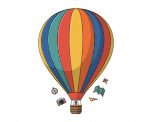 A colorful hot air balloon with bold stripes and floating adventure symbols transparent background