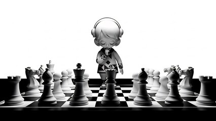 Toy figure confidently commands the chessboard game deeply